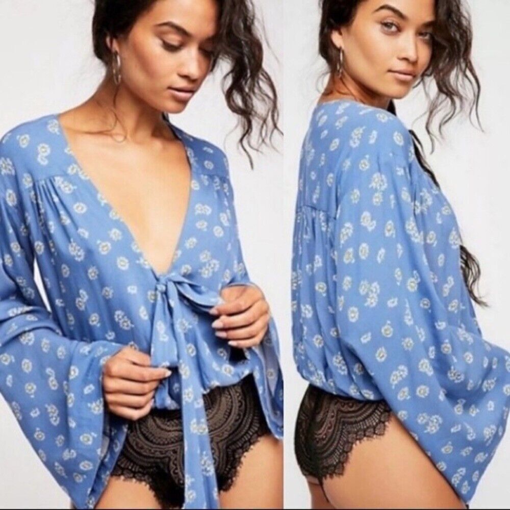 Free People Intimately Blouse Bodysuit M Blue Floral Long Bell Sleeves V-Neck